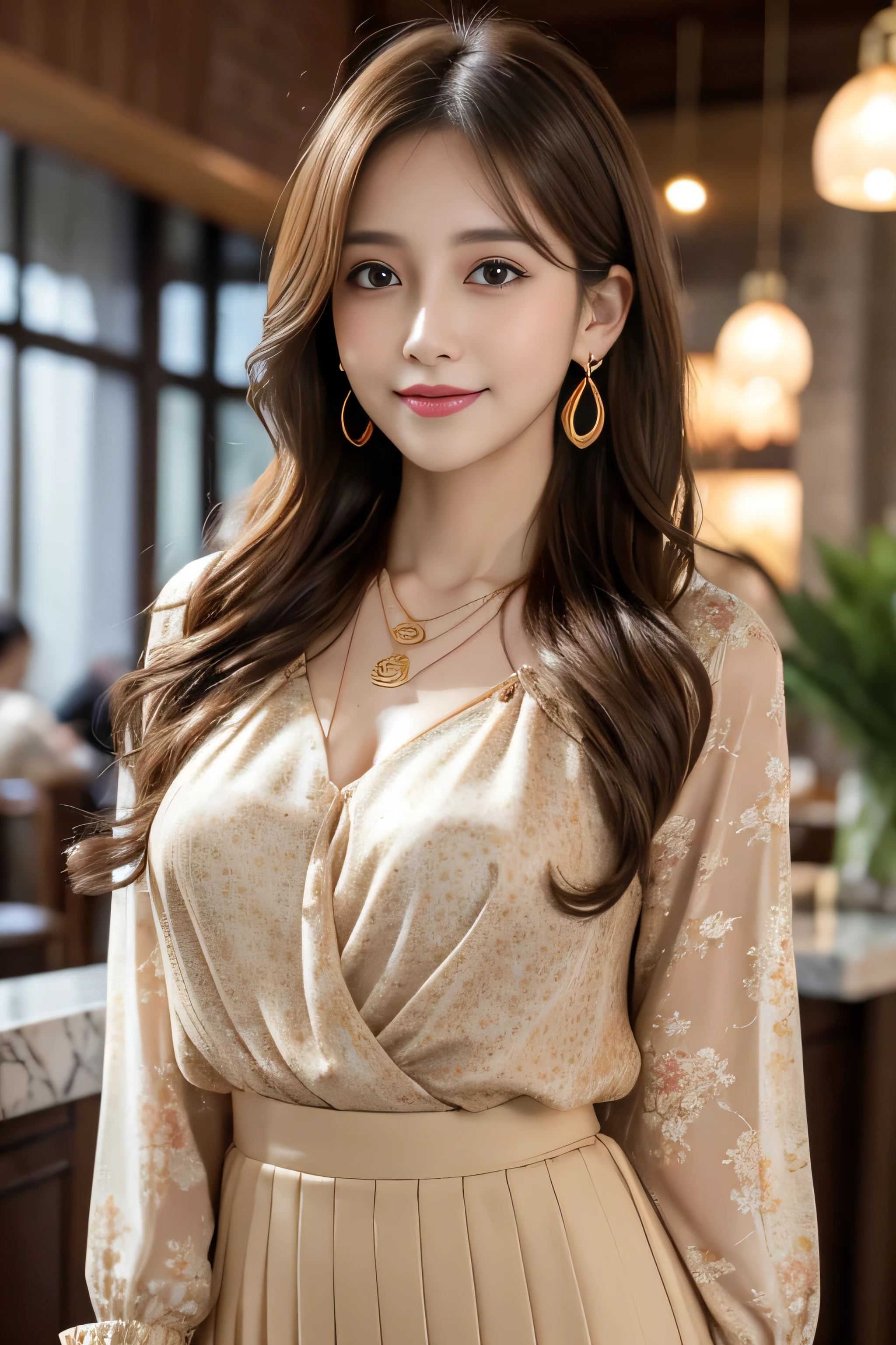 A sneak peek、whole body、field, highest quality, realistic, Super detailed, down to the last detail, High resolution, 4k wallpaper, Beautiful woman,, light brown hair, wore a suit, perfect dynamic composition, beautiful and delicate eyes, delicate hair, Round face model body type、mini skirt、droopy eyes,shy smile,Floral blouse、Blouse with ribbon、fancy orange and white printed dress, Pleated skirt with lots of checked pleats、((Super long brown hair:1.2))((Hair with loose waves inside:1.2)),((shy smile:1.3)),((gold necklace＿Large earrings:1.2)),fullbody shot、((full figure supermodel standing, entire body in frame))、((In a crowded café at dusk:1.3))((salute:1.3)),