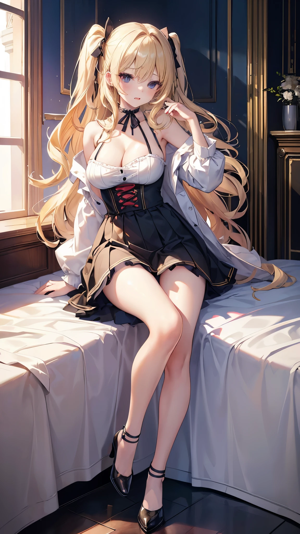highest quality、masterpiece、超A high resolution、(Photoreal:1.4)、1 girl、blonde、Full body Esbian、big and full breasts、super exposed cleavage、erotic、erotic expression、choker、double eyelid、Loose and fluffy perm、medium long hair、、mini skirt、jk ribbon、thin, skinny clothes、Perfect five-finger、perfect legs、