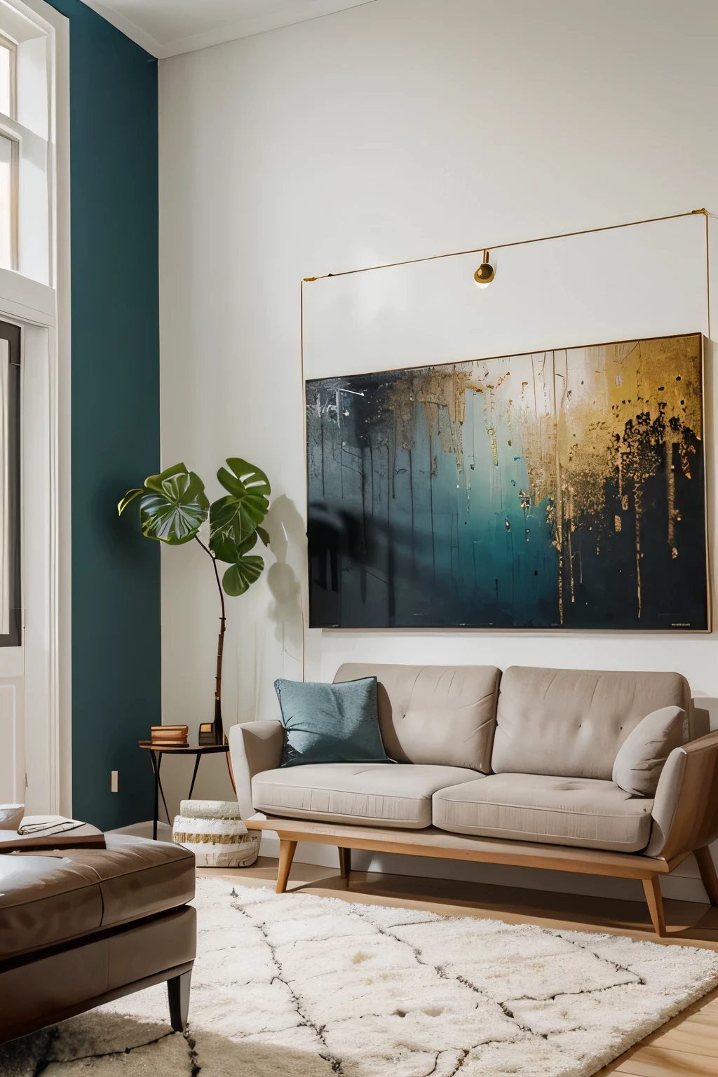 create a modern living room with a decorative painting on the wall, giving priority and focus to the painting