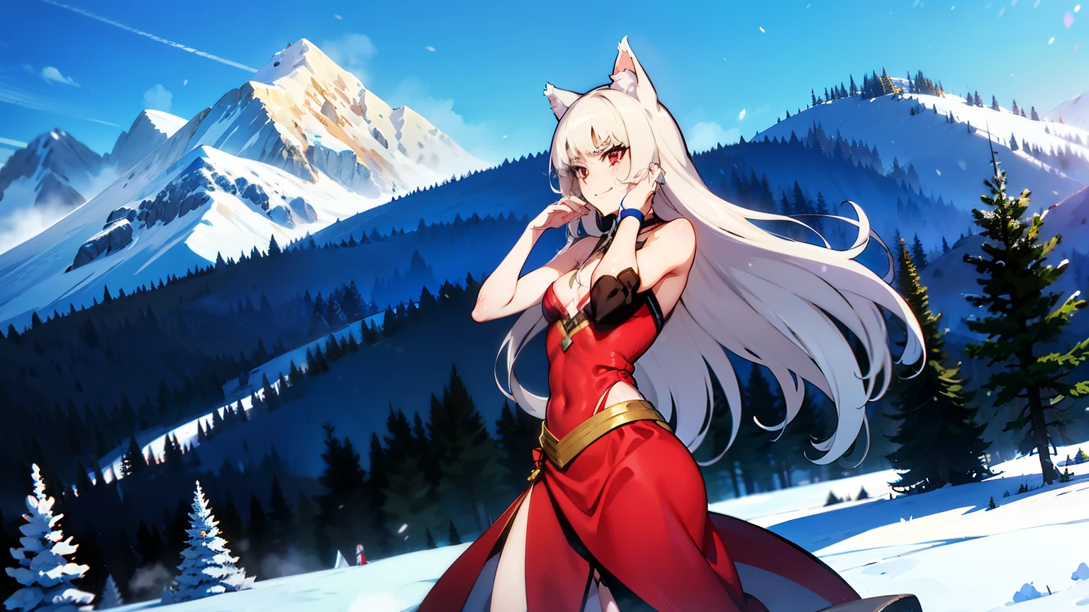 Holo, white hair, red eyes, serious expression, early twenties, , cat ears, dynamic posture, dancing, field of snow, smiling, realistic, full of snow,, red dress, big chest, hot, cute, snowy mountain landscape, very detailed hands, very detailed realistic face,