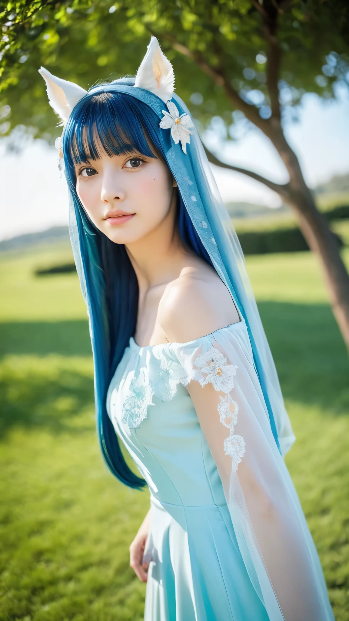 ((masterpiece, highest quality)),(figure),(detailedlight),((very delicate and beautiful)),1 girl,godolphin arabian,long hair,blue hair,green eyes,horse ears,Uma Musume,hair_ornament,white dress, bare shoulders, ,No sleeve,evening dress,long dress,outdoor, light,blue sky, horizon, grassland, wild