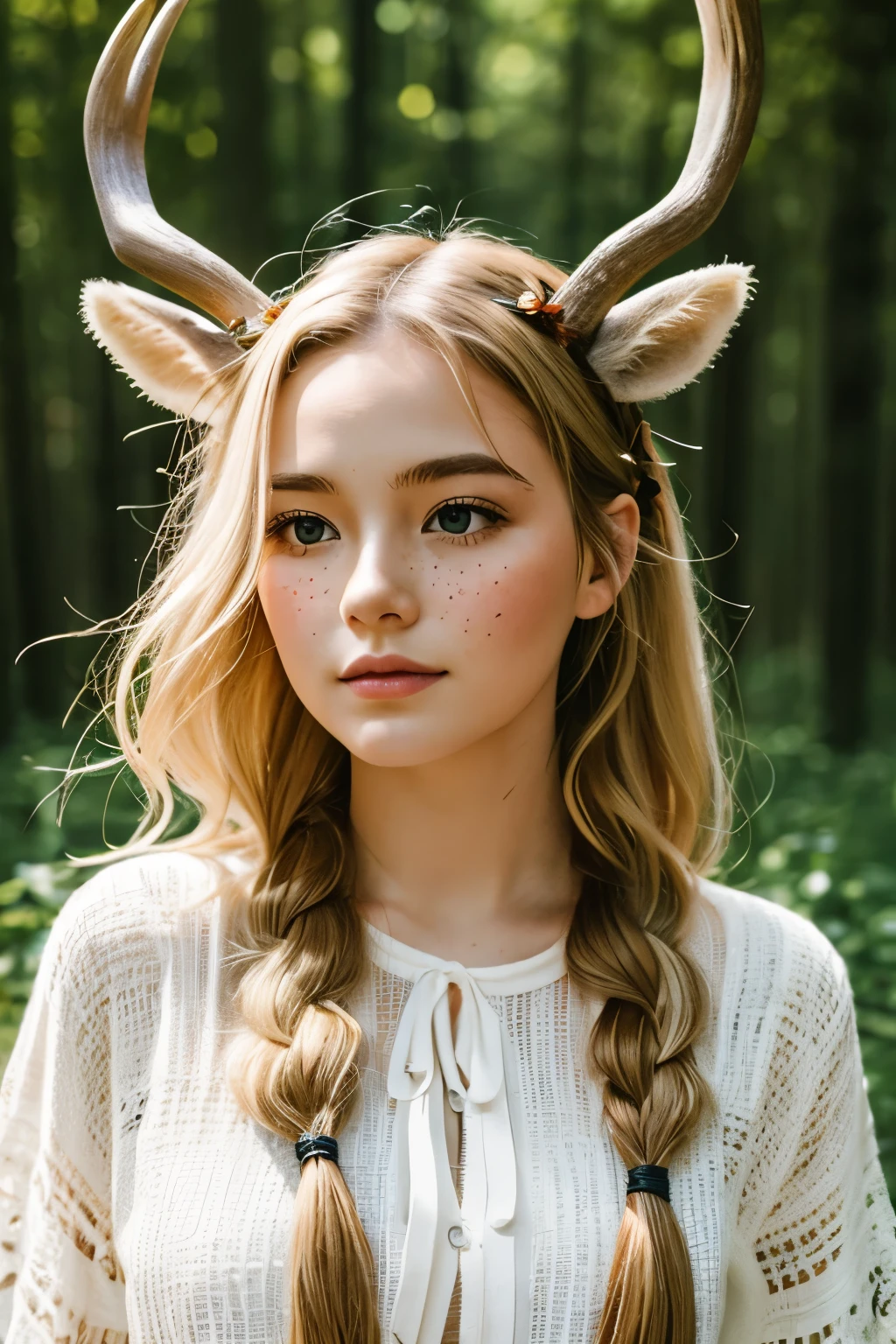 Vintage portrait, photography style, soft focus, pure face,Deer, girl, antlers, vine with leaves, Blonde hair, European and American advanced face, freckles, Detailed light and shadow, Wind, (Strong Sunshine),Two plaits, The forest,Front light source,