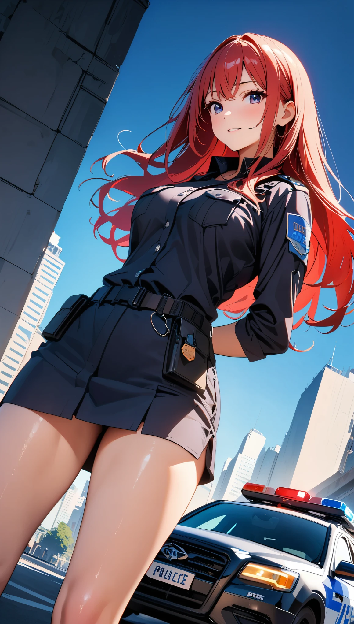 (high quality, 8k, 4k, high contrast, masterpiece:1.2, best quality, best aesthetics), (dynamic angle), Sexy female police officer, Detailed face and body, Beautiful breasts, confident look, (Red hair, long hair), Shiny black uniform, Tactical belt with equipment, Glossy Badges and Name Tags, Leaning against a police car, Standing in a dynamic pose, dutch angle, Flashing police car lights against cityscape background,