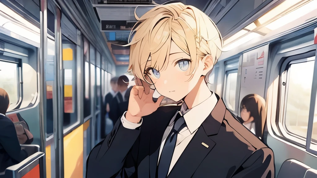 24-years-old、Hairstyle is blonde、He is tall、eyes are big、Eyes are black、suit figure、Handsome guy、on the train