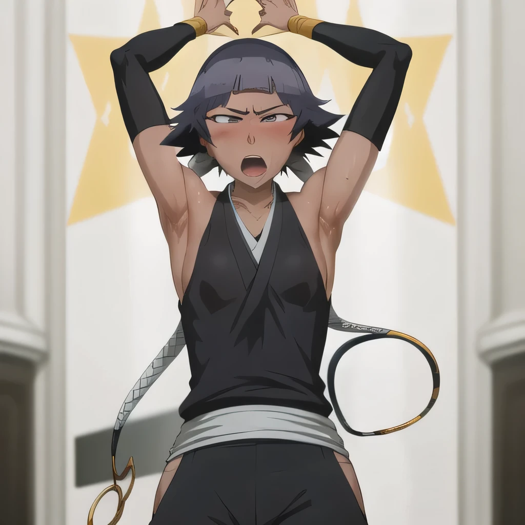 ( Animation screenshots:1.1),outdoor,
1 girl, alone, black hair, side breasts,eternal, short hair with long locks, japanese clothing, - Hip vents, no underwear,short hair, small breasts, (white eyes:1.1),No eyeballs, Also available in black, No headwear,low double braids,Face the audience, looking at the audience, tired, from below, (Show armpits:1.3), Sexy, Sweat dripping, More and more sweat,(ahegao), (Roll your eyes), naughty face, blush, open mouth, Sticking out tongue, saliva, sloppy person,Runny nose,skinny, raise arms, (arms above head:1.5)