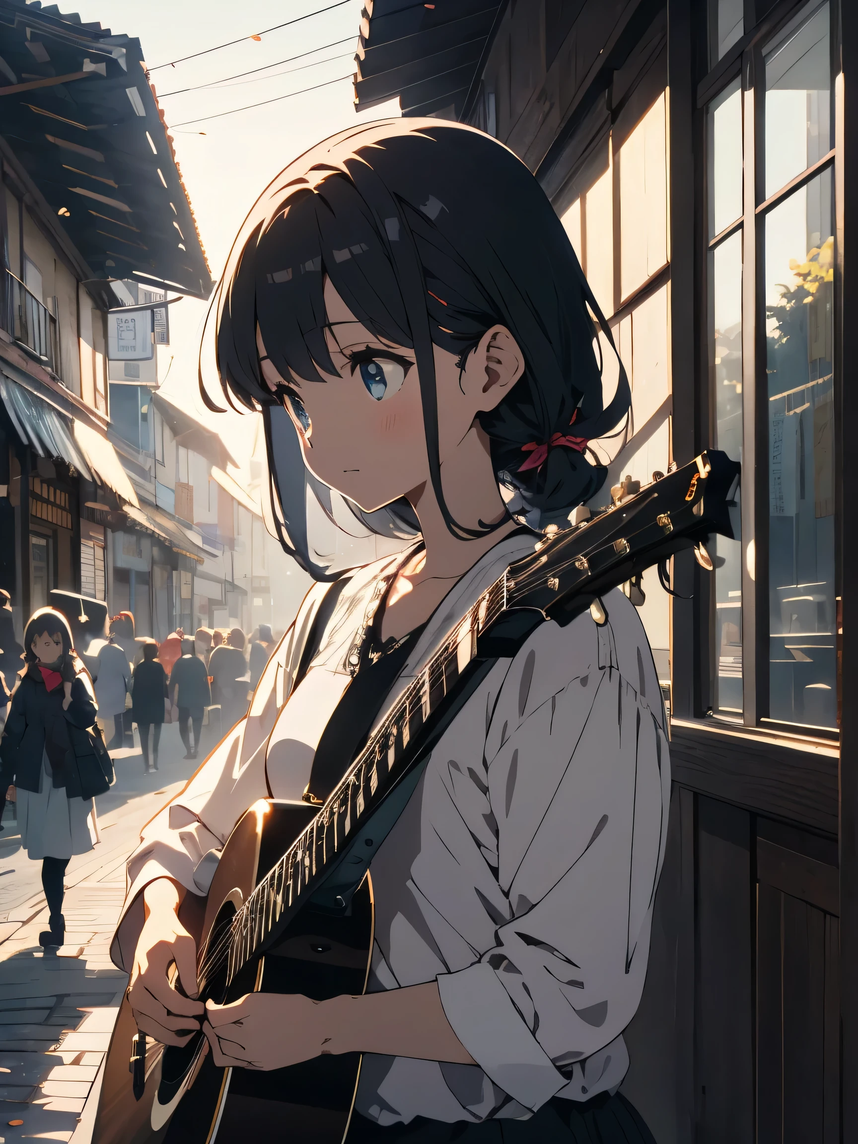 (highest quality、masterpiece、High resolution、detailed)、(Shining eyes、detailed beautiful face)､anime style, super fine illustration, highly detailed, dynamic angle, beautiful detailed, 8k, In spring, at a street corner, BREAK a woman with an acoustic guitar performs live. Her folk songs, carried by the gentle spring breeze, reach the hearts of passersby. BREAK The music, warm and hopeful, heralds the beginning of a new season., BREAK.