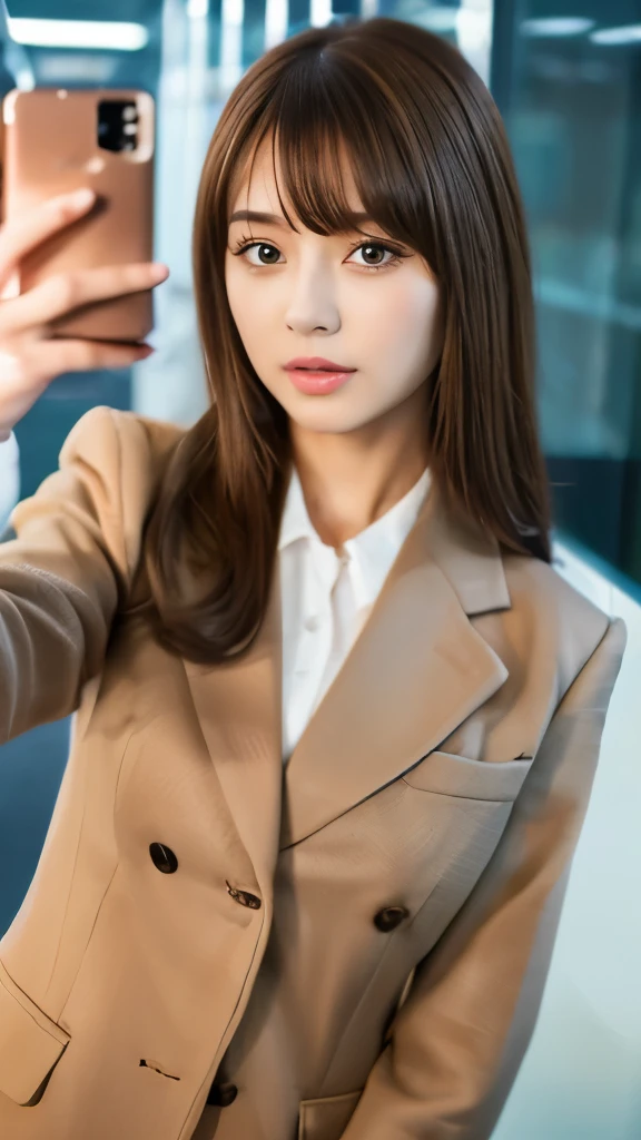 Best quality, 8k, ,Masterpiece :1.3)), facing viewer,((full body1.2)) ,pretty woman, wide shot ,1girl, , selfie , Office,, suits, brown hair , bangs,ultra-detailed face, highly detailed lips, detailed eyes, double eyelid