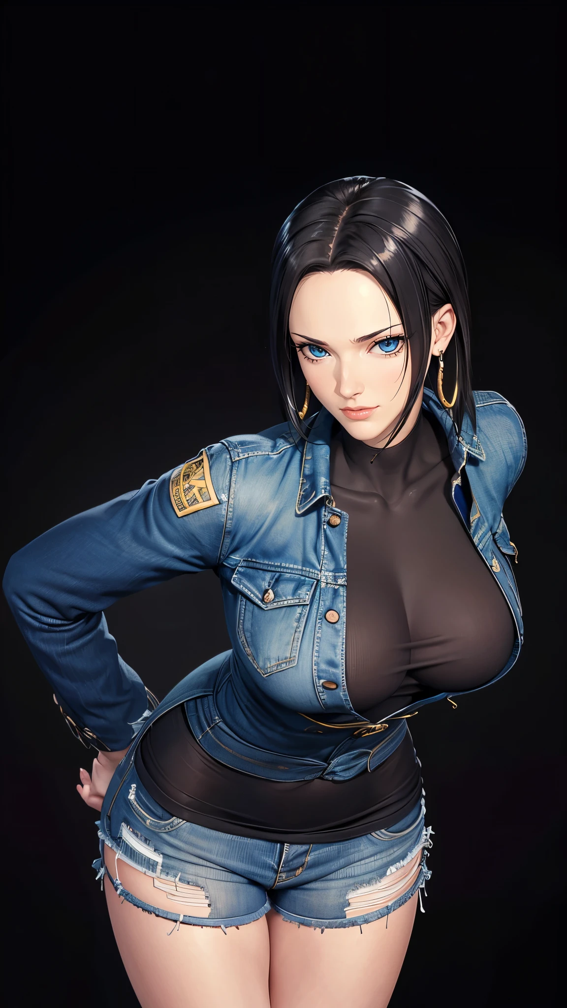 （（（完美figure，figure，Black T-shirt, denim jacket, denim shorts, （（（boa hancock，Dark long hair, combed with a chiffon hairstyle, slightly wide forehead smooth and flat, deep blue eyes, slender and delicate corners of the eyes, almond eyes exuding a hint of coldness, nose bridge high and straight, nose small and delicate, lips soft without any wrinkles. Wearing a pair of snake shaped golden earrings under the ears）））((masterpiece)),high resolution, ((Best quality at best))，masterpiece，quality，Best quality，（（（ Exquisite facial features，looking at the audience,There is light in the eyes，Happy，lol））），型figure:1.7））），（（（Interlacing of light and shadow，huge boobs））），（（（looking into camera，black background，bend over）））