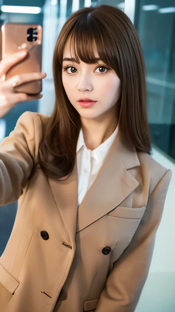 Best quality, 8k,  ,Masterpiece :1.3)), facing viewer,((full body1.2)) ,pretty woman, wide shot ,1girl, , selfie   , Office,,   suits, brown hair  , bangs,ultra-detailed face, highly detailed lips, detailed eyes, double eyelid