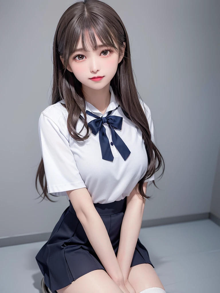 (8K、Raw photography、top-quality、​masterpiece:1.2)、(realisitic、Photorealsitic:1.37)、1 girl in、 only、cute little、adolable、(blue eyess)、(Shy smile:0.4)、(独奏)、详细的脸、oval-face、Thin almond eyes、(short-cut:1.4)、Hair over one eye、A slender、medium breasts⁩、School Uniforms、(Navy pleated skirt:1.2)、Dramatic Angle、tilt of the head、fluorescent lamp、Inside the classroom、Sitting by the window、small head、(Facing the other side)、teens girl