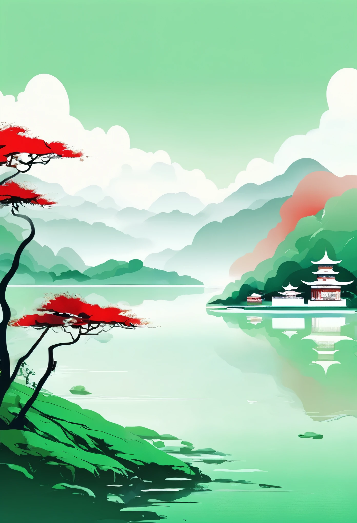 Green and white main colors，minimalist，Graphical，Oriental Wonders，Lots of white space，grace，wonderland，dream，Ultra-clear brushstrokes，lakeside，foggy，Separation of heaven and earth，The sky is red，The ground is white and gray，Super grand view，Super scene，flat illustration，poster，