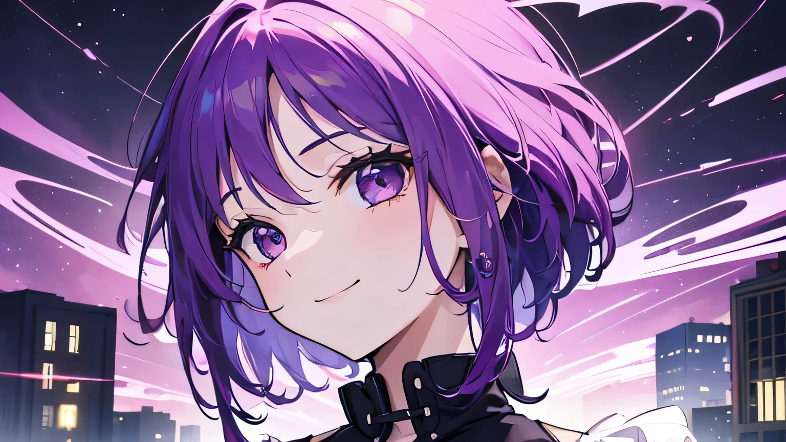 (T Masterpiece,4k wallpaper,best quality))、((girl1people))、(solo)、Shining and vivid,(purple hair)、(shortcut:1.3)、smile、Princesiddle ages、city
