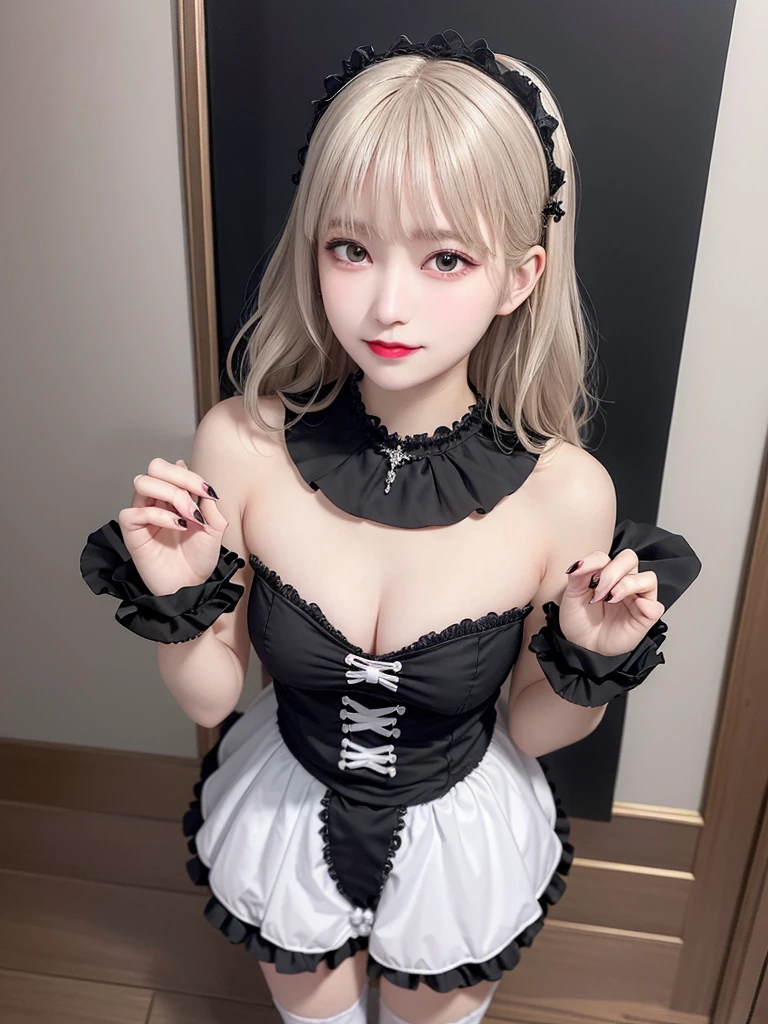(8K, Photorealistic, Raw photo, of the highest quality: 1.3), (1girl in), Super beautiful, (Realistic face), (boyish, Silver Color Berry Shorthair), Beautiful , Glare that captivates the viewer, Beautiful expression, Beautiful breasts, (Realistic skin), Be...Super high quality, super high definition, super detailed, masterpiece, 20years old, female, cute, perfect face, beautiful, nice body, gothic lolita clothes, gothic lolita fashion, frilly skirt, headdress, necklace, bracelet, knee-high socks, boots, double eyelids, tear bags, Detailed down to the fingers, photo-like description, indoors, dim indoor lighting, blonde hair, pony tail, standing, whole body, composition that shows the whole body, smiling
