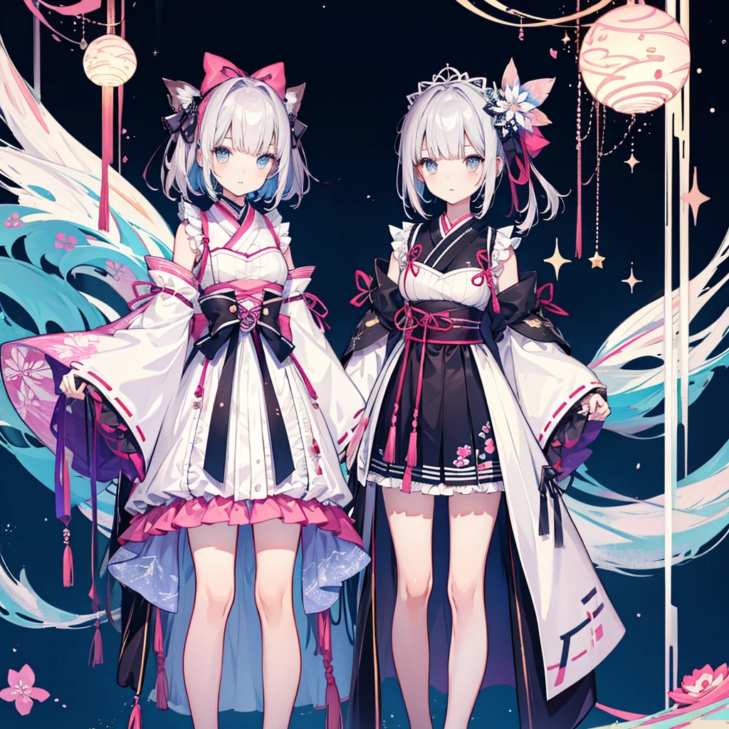 highest quality、８K,handsome face、vtuber-halfbody、A picture of the front straight towards the viewer、Star Fairy、Full body front portrait、front、1girl,highest quality、masterpiece、official art、Super detailed、super beautiful、Cute Star Fairy、gray short hair、Milky Way、universe、star charm、star、baby face、Knee-high boots、Japanese pattern dress、A beautiful girl wearing black and white clothes that are a remake of a yukata.、Oiran frill dress reminiscent of universe、belly button、pleated mini skirt、