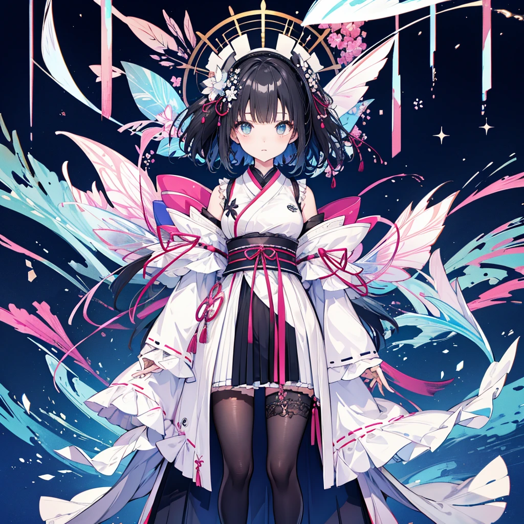 highest quality、8K,handsome face、vtuber-halfbody、A picture of the front straight towards the viewer、Star Fairy、Full body front portrait、front、1girl,highest quality、masterpiece、official art、Super detailed、super beautiful、Cute Star Fairy、gray short hair、Milky Way、universe、star charm、star、baby face、Knee-high boots、Japanese pattern dress、A beautiful girl wearing black and white clothes that are a remake of a yukata.、Oiran frill dress reminiscent of universe、belly button、pleated mini skirt、