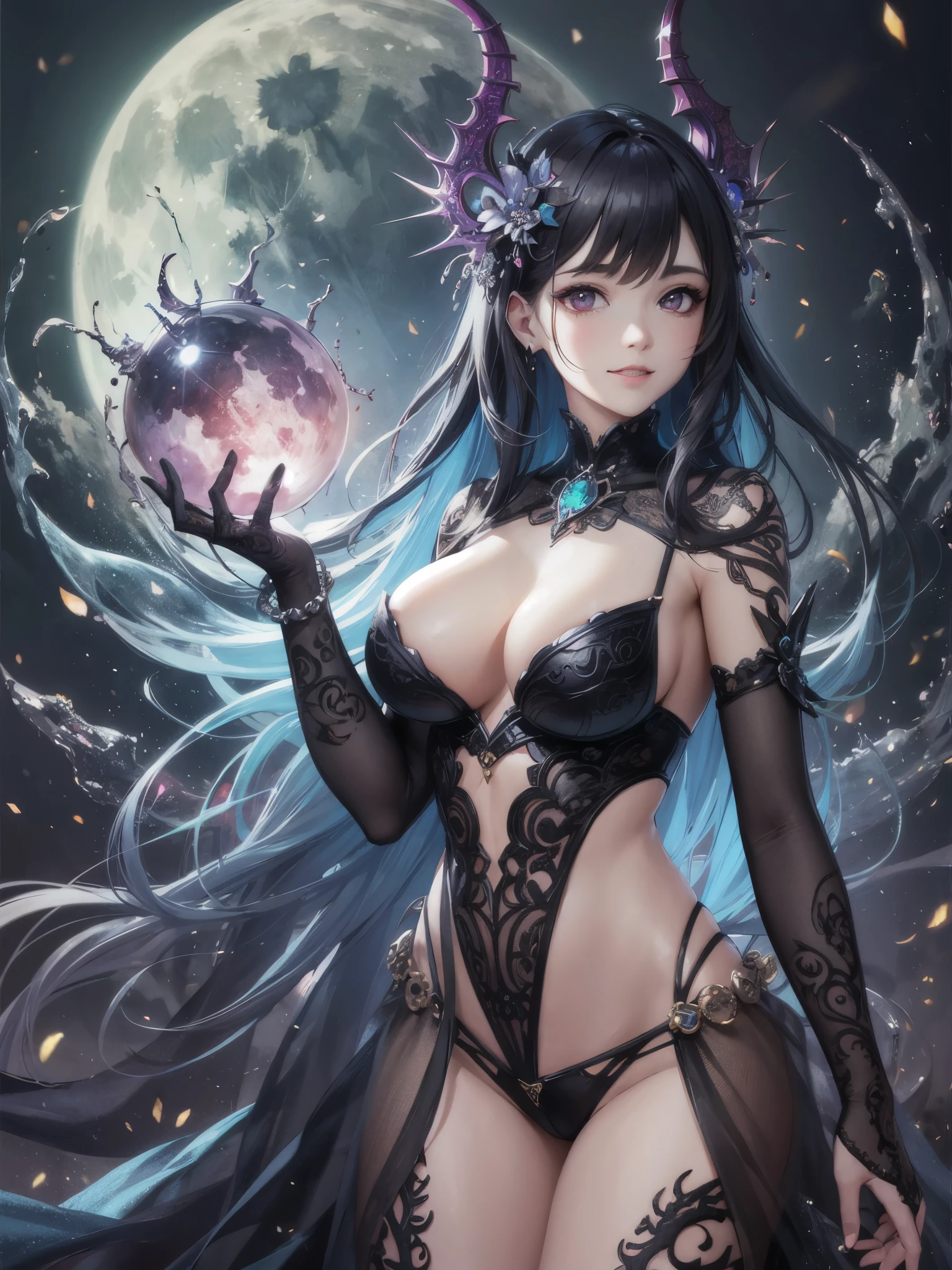 ((highest quality)),(ultra high resolution),(Super detailed),(detailed description),((best CG)),(best work of art),super precision art,amazing drawing art,(Fantasy art with intricate detail:1.5), full moon night, A female demon with a mysterious presence and an evil smile, A burning skull floating in the air,black goat