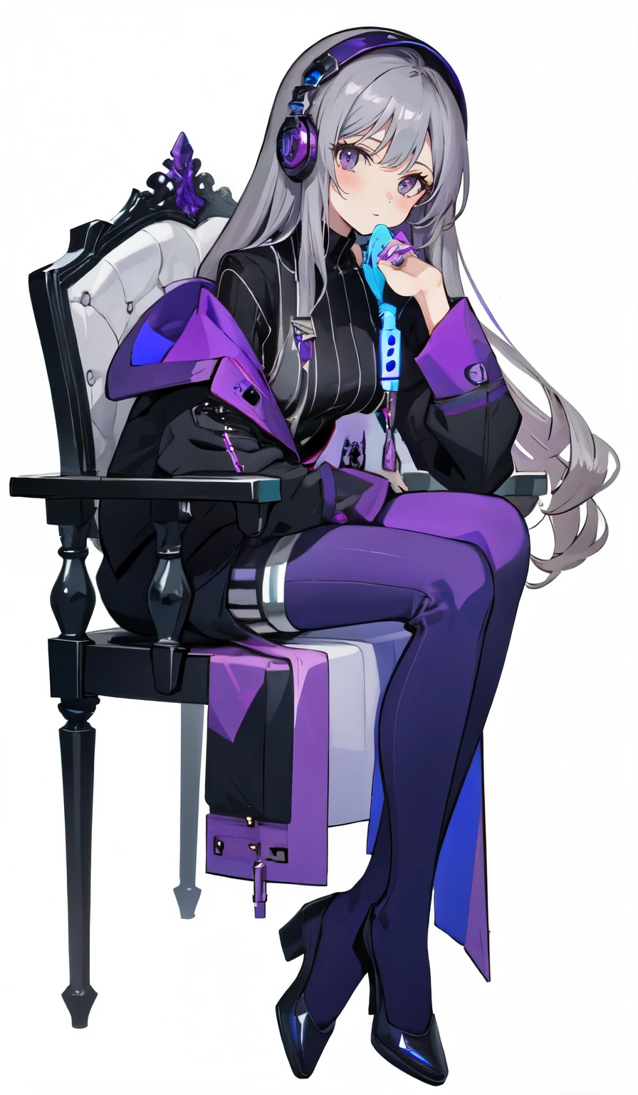 (((purple, Silver,))), Limited palette, contrast, amazing aesthetics, highest quality, gorgeous artwork
、smile、headphone、combing the bangs、hair long