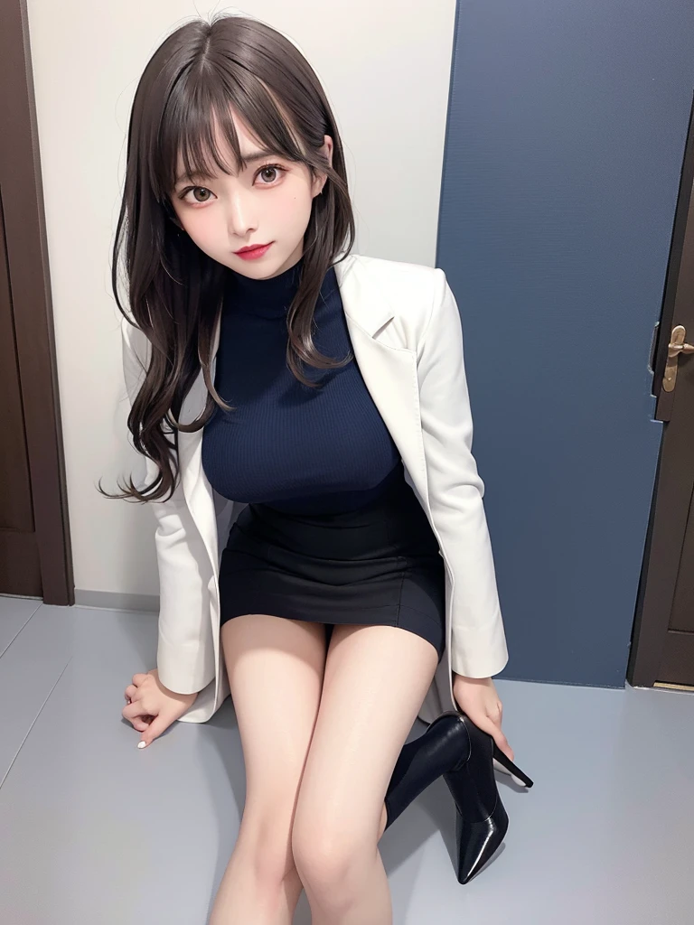 masutepiece, Best Quality, Illustration, Ultra-detailed, finely detail, hight resolution, 8K Wallpaper, Perfect dynamic composition, Beautiful detailed eyes,short bob, mid-chest, Natural Color Lip, Random and sexy poses,Smile,26 years girl、Colossal tits、Examination room、Red High-Neck Sweater: A cozy red sweater with a high neckline, perfect for chilly days. It adds warmth and style to your ensemble. Navy Blue Pencil Skirt: A classic and elegant choice. The pencil skirt typically falls just below the knee, creating a flattering silhouette1. Sheer Stockings: These delicate stockings add a touch of sophistication. They’re lightweight and perfect for pairing with skirts or dresses.doctor coat Blue High-Heeled Shoes: Elevate your look with blue high-heeled shoes. They elongate your legs and add a polished touch. Brown Hair: Your natural hair color complements the overall outfit. It’s versatile and goes well with various styles. White Coat (Like a Doctor): The white coat adds a professional touch, reminiscent of a doctor’s attire. It’s a symbol of authority and expertise.