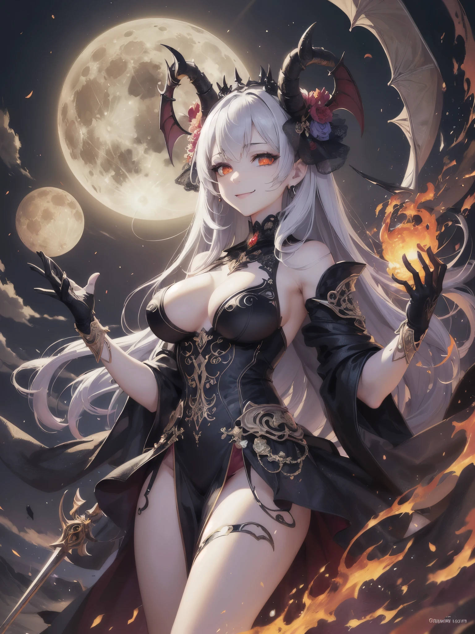 ((highest quality)),(ultra high resolution),(Super detailed),(detailed description),((best CG)),(best work of art),super precision art,amazing drawing art,(Fantasy art with intricate detail:1.5), (full moon night:1.3), (A female demon with a mysterious presence and an evil smile:1.6), (A burning skull floating in the air),black goat