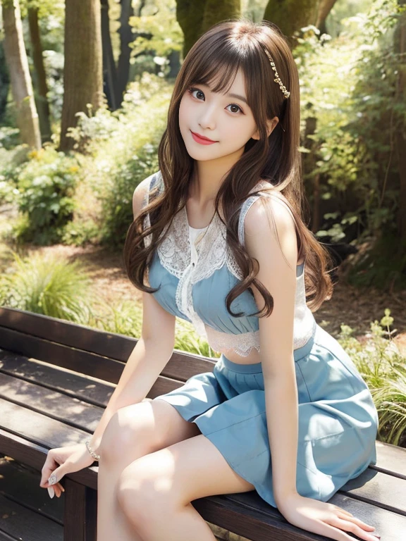 one woman、japanese woman、20-year-old beauty、professional lighting、medium long hair、brunette colored hair、brook in the forest、A sheer slip、Pastel blue lace underwear、mini skirt、High resolution、gentle expression、fascinating eyes、no makeup、Cute smile like an idol、loose lips、catch light、Foot-to-foot display、hair fluttering in the wind、rather large breasts、Beautiful legs extending from the skirt、Show from skirt to knee、Use a reflector to bring light to your face、sitting on the bench、look at camera