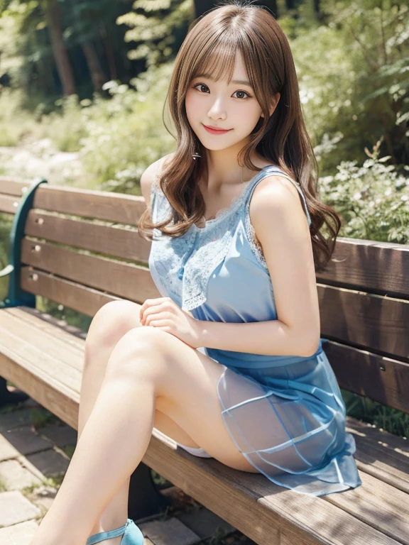 one woman、japanese woman、20-year-old beauty、professional lighting、medium long hair、brunette colored hair、brook in the forest、A sheer slip、Pastel blue lace underwear、mini skirt、High resolution、gentle expression、fascinating eyes、no makeup、Cute smile like an idol、loose lips、catch light、Foot-to-foot display、hair fluttering in the wind、rather large breasts、Beautiful legs extending from the skirt、Show from skirt to knee、Use a reflector to bring light to your face、sitting on the bench、look at camera