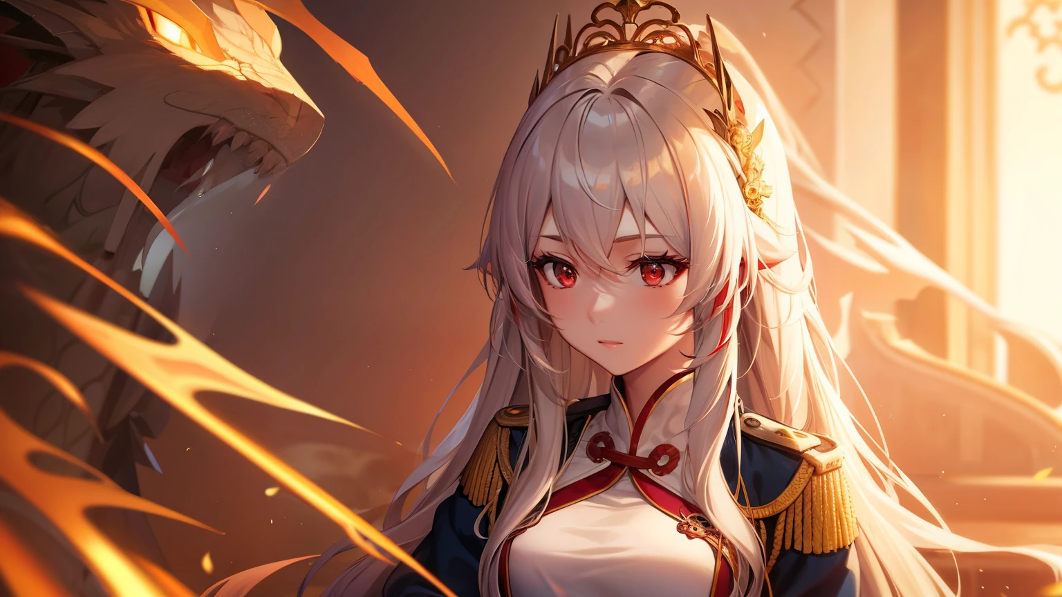 ((portrait, upper body,)) ((empress clothing)), ((red capelet)), ((serious eyes)), ((black clothes)), ((seductive gaze)), ((curvy body)), ((toned female)), ((regal uniform)), ((adult female)), ((deep red eyes)), ((calm expression)), ((pale white hair)), ((long straight hair)), ((mature female)), ((complementary colors)), ((light skin)), 1boy, beautifully drawn, high resolution illustration, best quality, High definition, ((detailed anime sketch)), Masterpiece, (solo), absurdres, detailed background, fine detail, female focus, HDR,