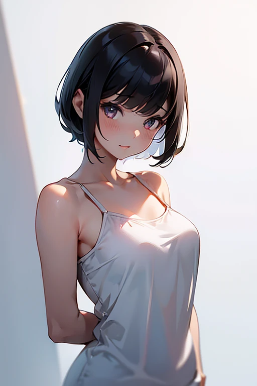 1girl,solo,retina,masterpiece, Awards, high quality, High resolution, HD, 4K,8K,high quality, rough skin,breast focus,depth of field,(line drawing:1.1),(large breasts:1.3),faint smile,oily skin,Relative to the girl,underside of breasts,(mochi shaped breasts:1.2),(closeup upperbody:1.5),white clothe,perspective,,(short height,petite:1.3),camisole,(Symmetric posing:1.3)