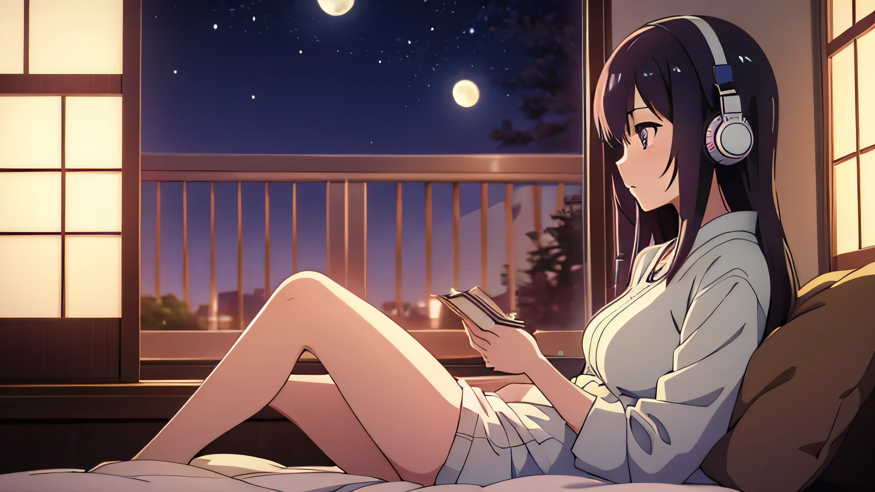 Beautiful girl reading a book in bed while listening to music through headphones Night view and moon in the window coffee Dim lighting Japanese anime style