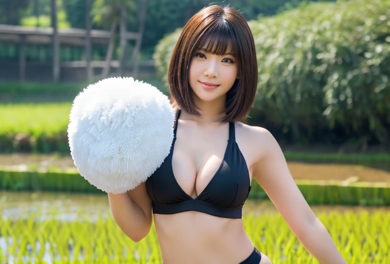 "(highest quality,4k,8K,High resolution,masterpiece:1.2),Super detailed,(realistic,photorealistic,photo-realistic:1.37),Physically based rendering,HDR,UHD," cute japanese woman, cheerleader, black bikini, cheer leading, big breasts, He is holding two large cheering pom-poms, one in each hand., mini skirt, Loose fluffy bob cut, Paddy field, Rice paddies, full body image, cleavage,