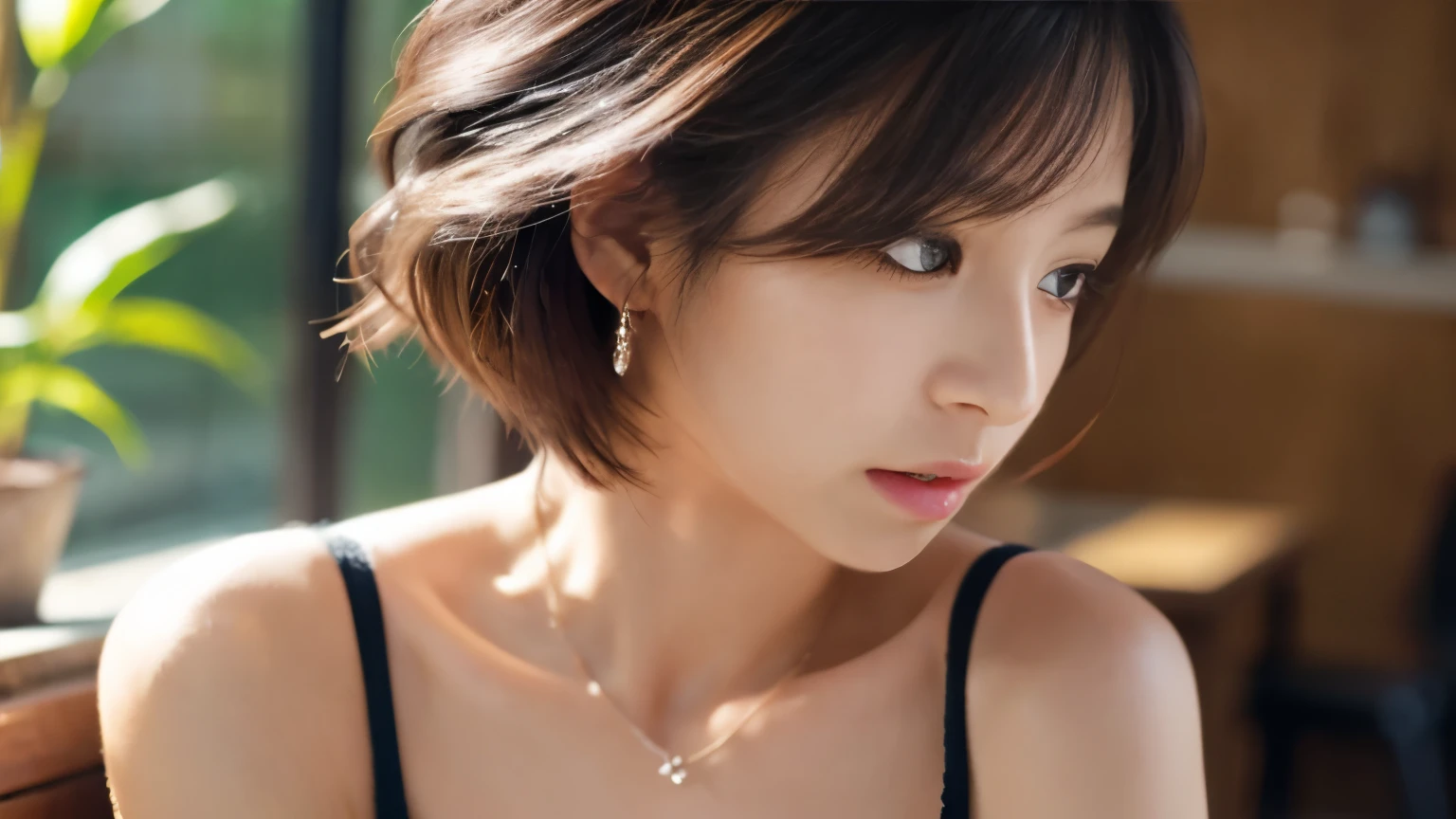 (highest quality、8K、32k、masterpiece、nffsw:1.2)、cute日本人女性の写真、very short bobbed hair、Upper body、surface focus、extra large_sweater、necklace、Background of the café、Viewer looking x4、(8K、RAW photo、highest quality、masterpiece:1.2)、(realistic、Photoreal:1.37)、1 girl、cute、professional lighting、photon mapping、Physically based rendering、gradient brunette hair、short curly hair、Handsome、excellent image quality、High resolution、1080p、(clean face)、(Detailed facial description)、(Detailed hand explanation)、(Masseter muscle part)、(Detailed CG)、 extreme light and shadow、hair is dirty、masterpiece、rich details、(exquisite features)、(best image quality)、(masterpiece)、(detailed eye)、delicate clavicle、Various poses、don't look at the camera、profile、Photographed inside the cafe、Spring clothes、simple necklace、knit