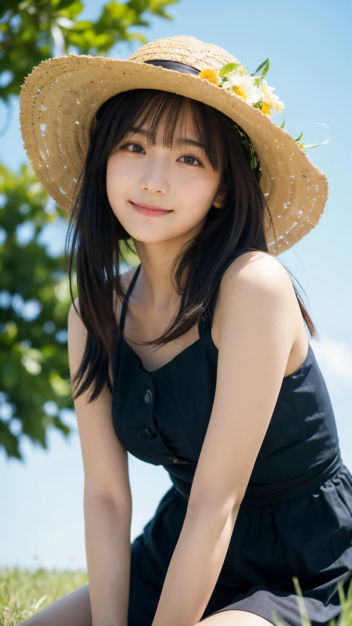 (highest quality,masterpiece:1.3,ultra high resolution),(Super detailed,caustics,8k),(photorealistic:1.4,RAW shooting),18-year-old,cute,Japanese,straw hat,Black Hair Middle Hair,(strong wind:1.1),(hair blowing in the wind:1.1),(one piece),(smile),looking at the camera,blue sky,sun,Natural light,(top of the hill),(Tall grassland),(green grassland:1.1),(sitting in the grass:1.1),(ground level shot:1.1),(shot from the waist up),(low position:1.1),(Low - Angle:1.1)