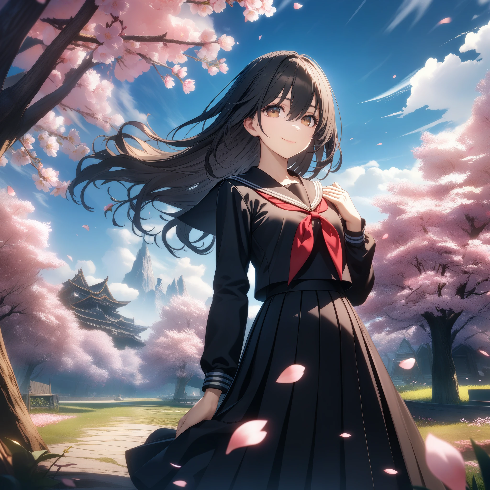 32k, best quality, ultra high res, HDR, UHD, extremely detailed CG, unity 32k wallpaper, solo, hair between eyes, brown eyes, black hair, closed mouth, standing, flower, outdoors, sky, cloud, tree, petals, floating hair, cherry blossoms, pink flower, (black sailor suit), smile,