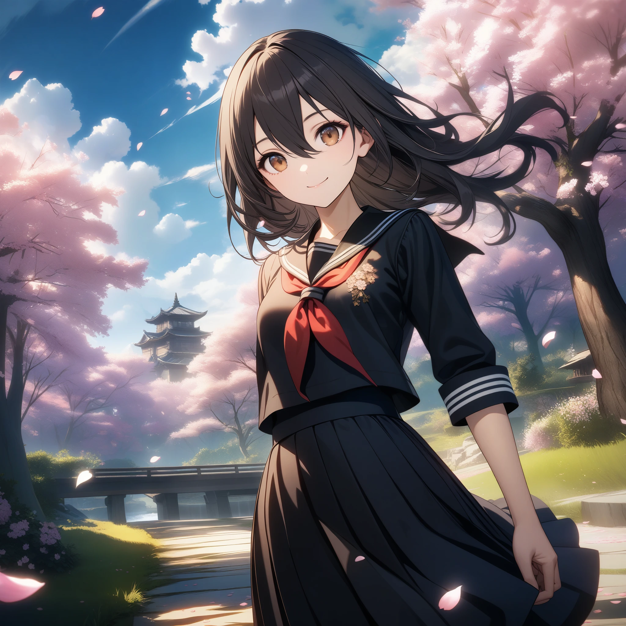 32k, best quality, ultra high res, HDR, UHD, extremely detailed CG, unity 32k wallpaper, solo, hair between eyes, brown eyes, black hair, closed mouth, standing, flower, outdoors, sky, cloud, tree, petals, floating hair, cherry blossoms, pink flower, (black sailor suit), smile,