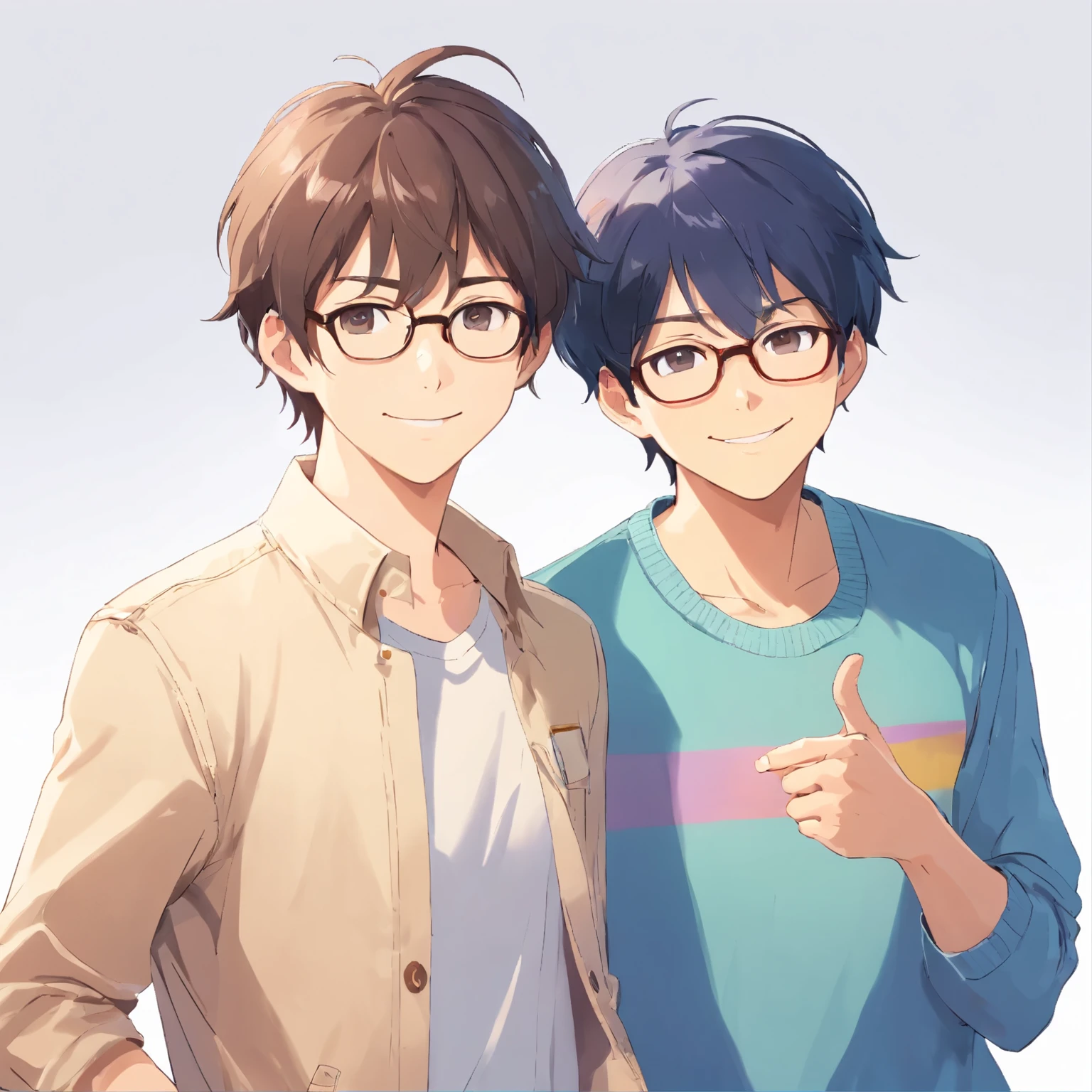 (((white background:1.2)))、(((masterpiece))),(best quality),(((facing the viewer)))、Two gay men in their 30s、casual clothes, smile,frontal face、glasses