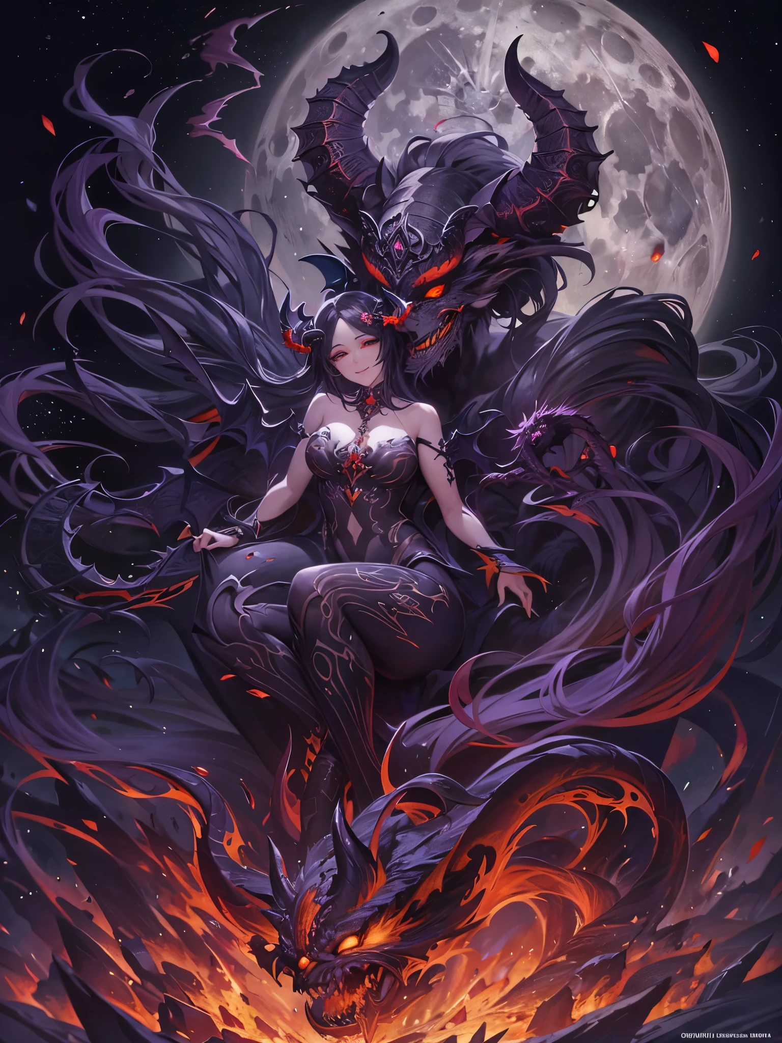 ((highest quality)),(ultra high resolution),(Super detailed),(detailed description),((best CG)),(best work of art),super precision art,amazing drawing art,(Fantasy art with intricate detail:1.5), (full moon night:1.3), (A female demon with a mysterious presence and an evil smile:1.6), (A burning skull floating in the air),black goat