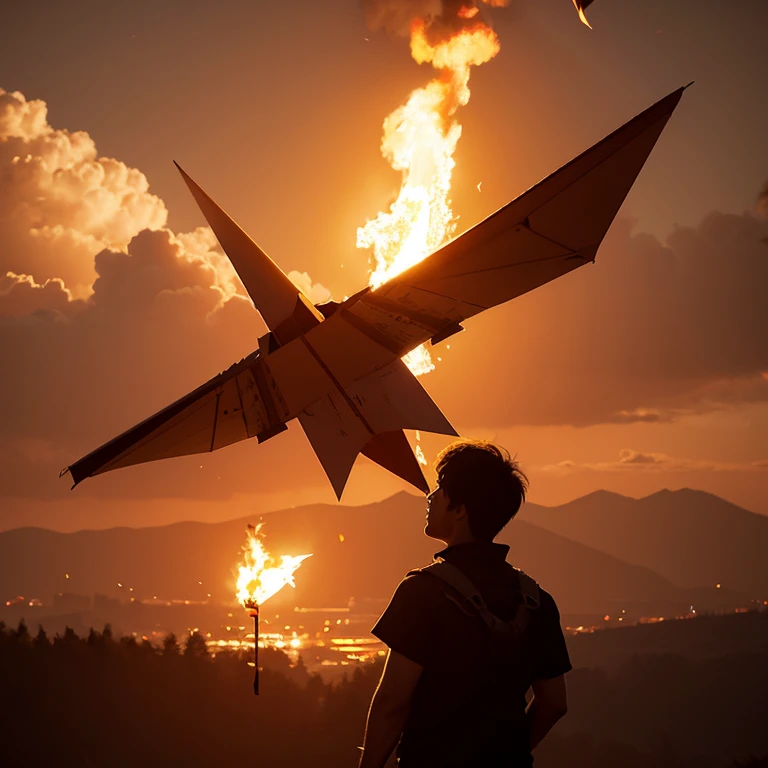 background, fantasy, extremely good, fantasy, Burning paper airplane