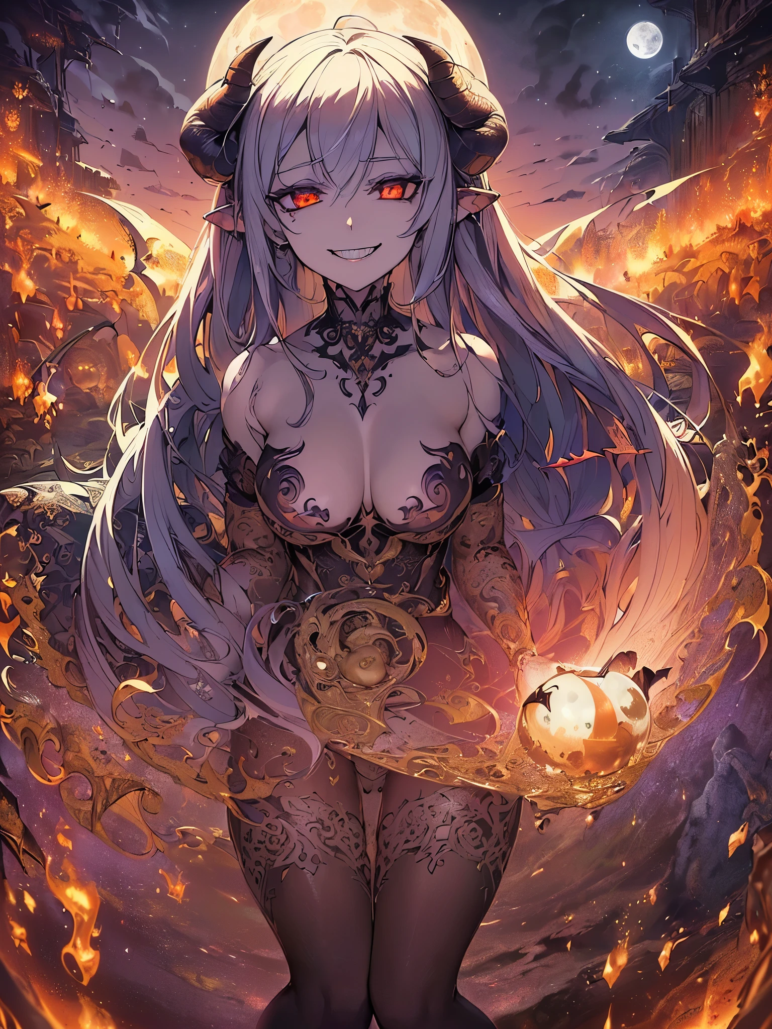 ((highest quality)),(ultra high resolution),(Super detailed),(detailed description),((best CG)),(best work of art),super precision art,amazing drawing art,(Fantasy art with intricate detail:1.5), (full moon night:1.3), (A female demon with a mysterious presence and an evil smile:1.6), (A burning skull floating in the air),black goat