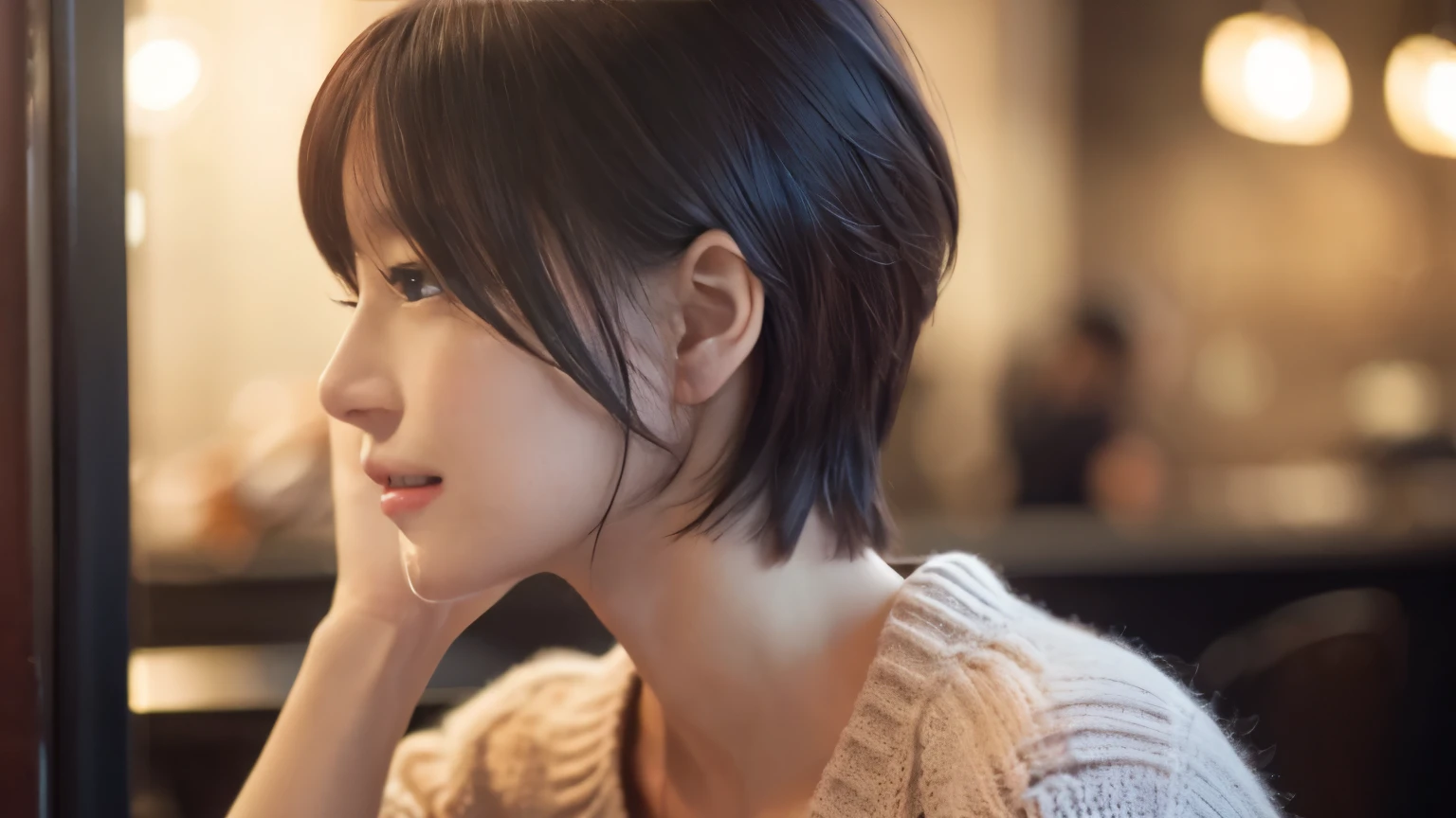 (highest quality、8K、32k、masterpiece、nffsw:1.2)、cute日本人女性の写真、very short bobbed hair、Upper body、surface focus、extra large_sweater、necklace、Background of the café、Viewer looking x4、(8K、RAW photo、highest quality、masterpiece:1.2)、(realistic、Photoreal:1.37)、1 girl、cute、professional lighting、photon mapping、Physically based rendering、gradient brunette hair、short curly hair、Handsome、excellent image quality、High resolution、1080p、(clean face)、(Detailed facial description)、(Detailed hand explanation)、(Masseter muscle part)、(Detailed CG)、 extreme light and shadow、hair is dirty、masterpiece、rich details、(exquisite features)、(best image quality)、(masterpiece)、(detailed eye)、delicate clavicle、Various poses、don't look at the camera、profile、Photographed inside the cafe、Spring clothes、simple necklace、knit