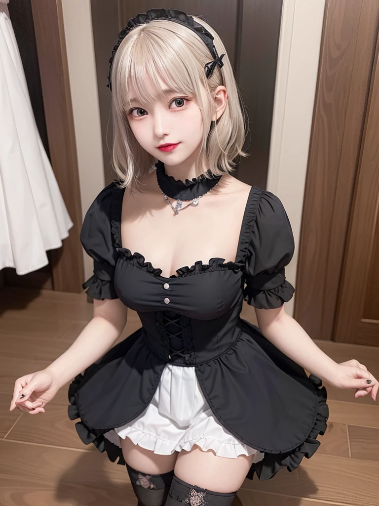 (8K, Photorealistic, Raw photo, of the highest quality: 1.3), (1girl in), Super beautiful, (Realistic face), (boyish, Silver Color Berry Shorthair), Beautiful , Glare that captivates the viewer, Beautiful expression, Beautiful , (Realistic skin), Be...Super high quality, super high definition, super detailed, masterpiece, 20years old, female, cute, perfect face, beautiful, gothic lolita clothes, gothic lolita fashion, frilly skirt, headdress, necklace, bracelet, knee-high socks, boots, double eyelids, tear bags, Detailed down to the fingers, photo-like description, indoors, dim indoor lighting, blonde hair, semi long, standing, whole body, composition that shows the whole body, smiling