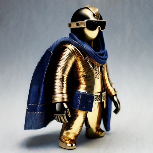 Brilliant Gold Diamond Maya Star（（Rosewood））Copper weapons, Burlap Cloak Mummy Hood Platinum Silk Cyberpunk Light Crossbow Space Station 1:60 miniature models, illustration, Side view, (Side view), Wear gold-rimmed reflective sunglasses, Carrying future weapons, very happy, Side view, whole body, 3d, (Black and white checkered glasses) octane rendering, perfect appearance, Collagen protein（（（denim）））