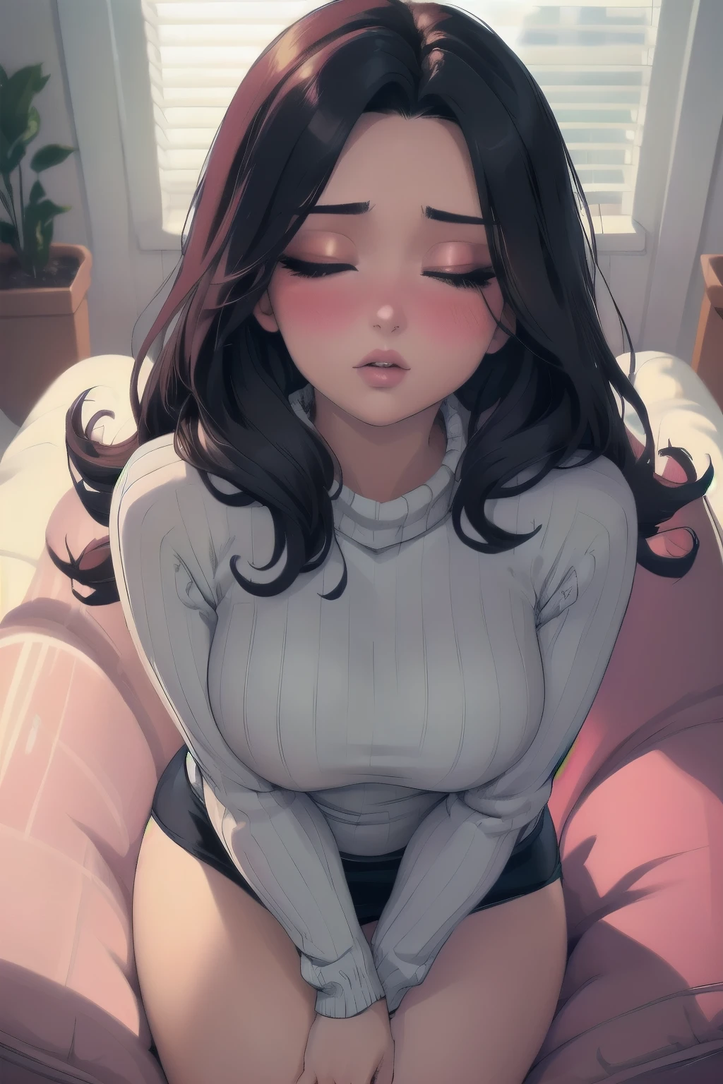 Sexy woman, perfect hair, amazing makeup, seductive gaze, blushing intensely, ready to kiss, long oversized sweater, sitting comfortably on couch, window, natural light beaming through window, beautiful face, seductively gazing at us, very seductively provocative