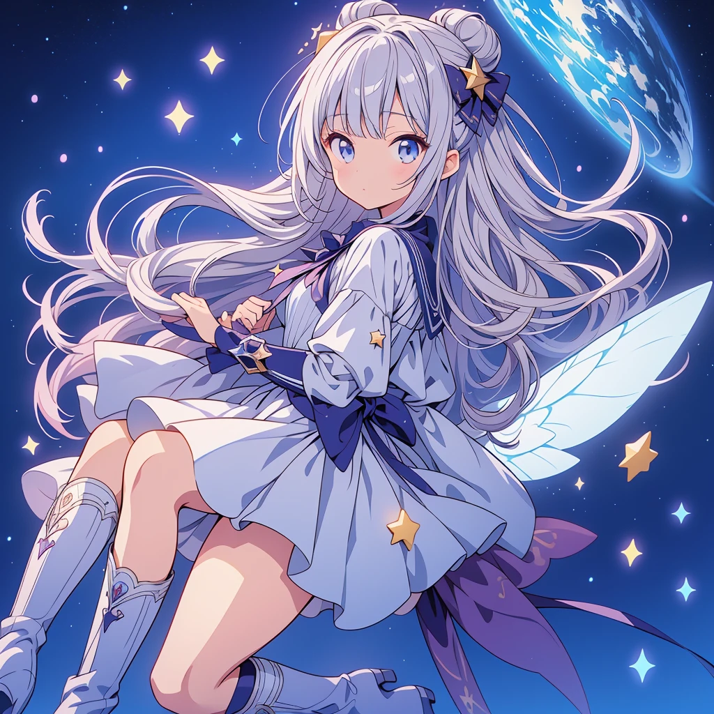 Star Fairy、Full body front portrait、front、1girl,highest quality、masterpiece、official art、Super detailed、super beautiful、Cute Star Fairy、gray hair、straight long hair、Milky Way、universe、star charm、star、baby face、Knee-high boots、