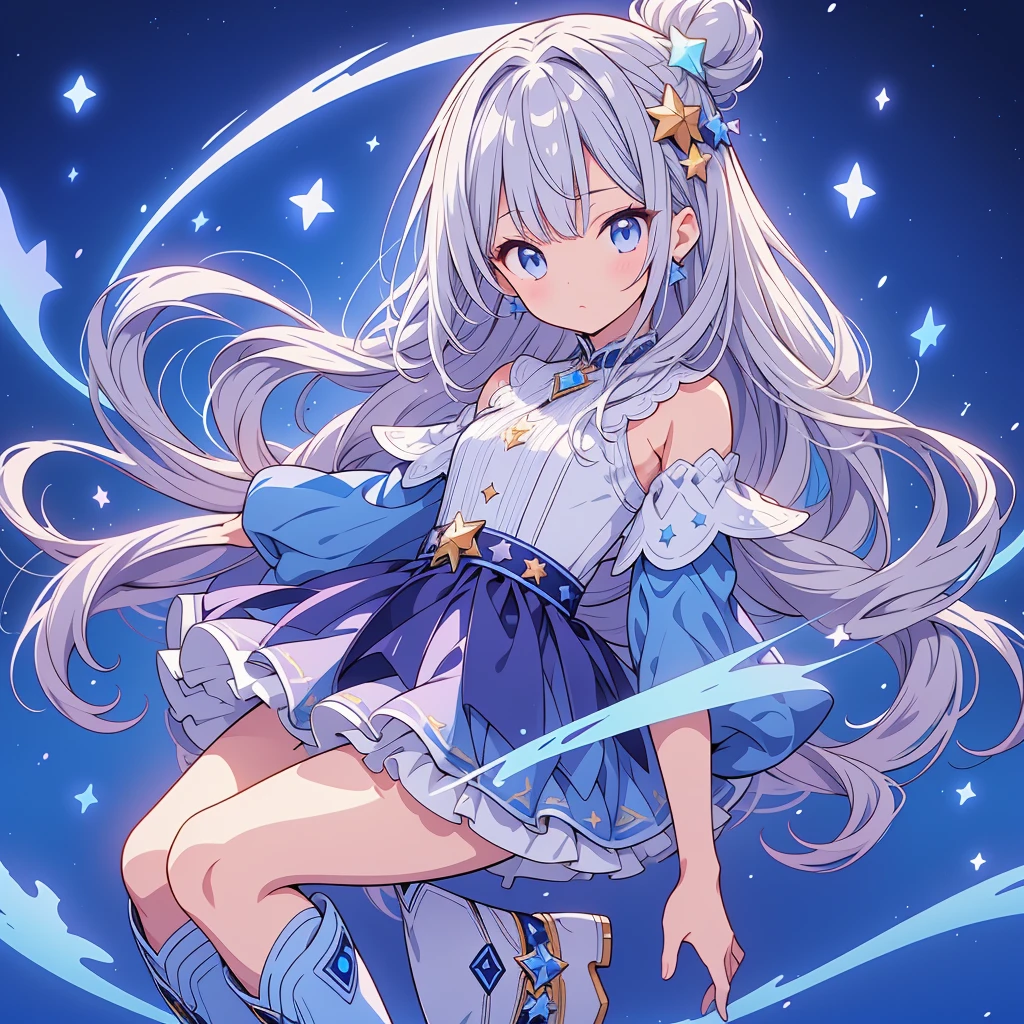 Star Fairy、Full body front portrait、front、1girl,highest quality、masterpiece、official art、Super detailed、super beautiful、Cute Star Fairy、gray hair、straight long hair、Milky Way、universe、star charm、star、baby face、Knee-high boots、