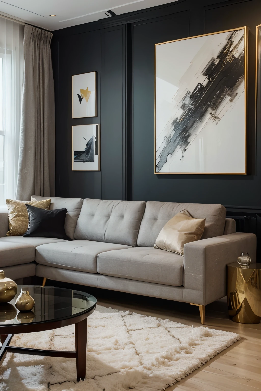 create a modern living room with a decorative painting on the wall, with priority and focus for the painting, hyper-detailed, realistic, super modern]