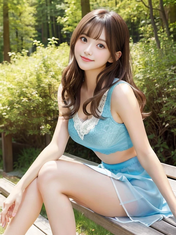 one woman、japanese woman、20-year-old beauty、professional lighting、medium long hair、brunette colored hair、brook in the forest、A sheer slip、Pastel blue lace underwear、mini skirt、High resolution、gentle expression、fascinating eyes、no makeup、Cute smile like an idol、loose lips、catch light、Foot-to-foot display、hair fluttering in the wind、rather large breasts、Beautiful legs extending from the skirt、Show from skirt to knee、Use a reflector to bring light to your face、sitting on the bench、look at camera