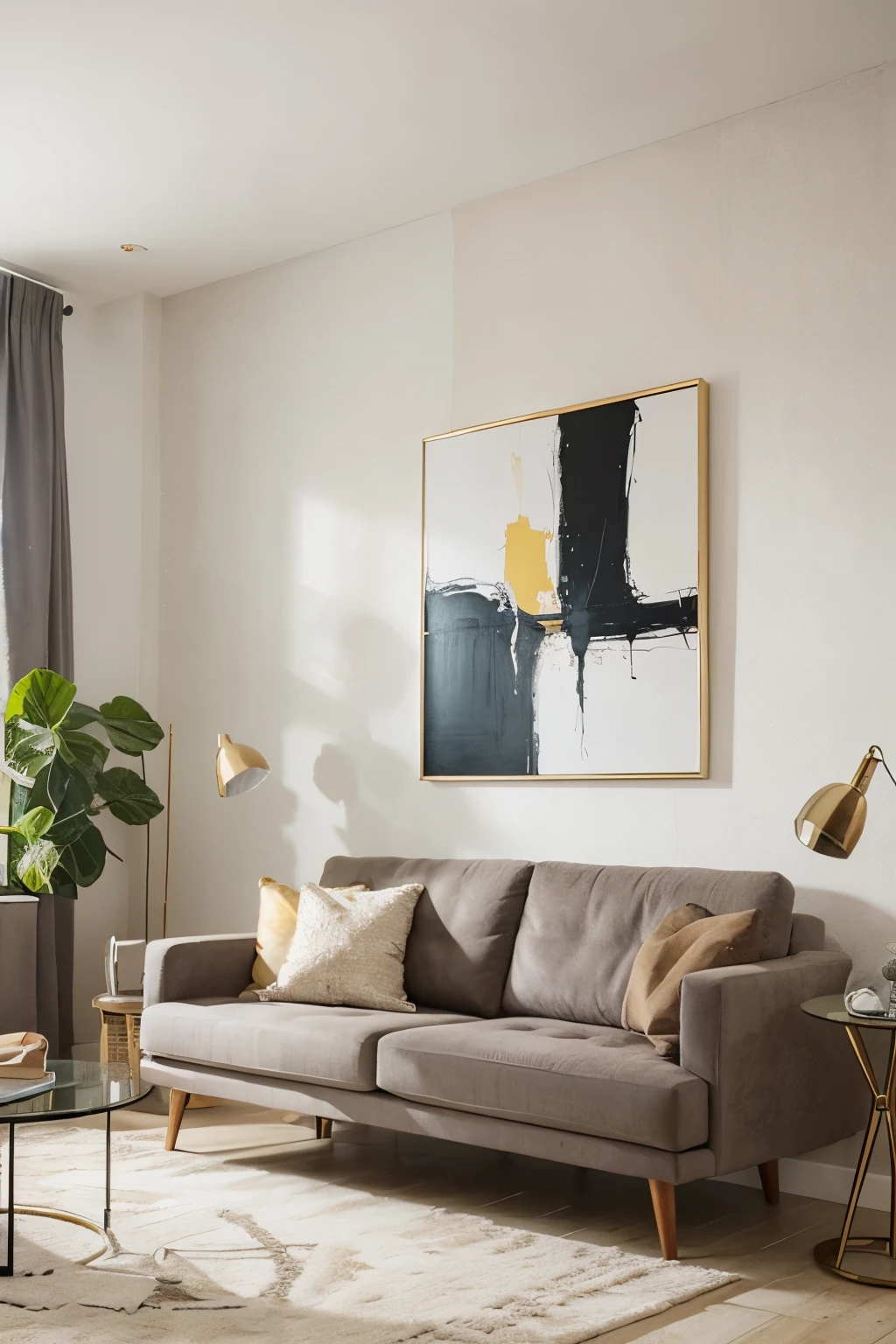 create a modern living room with a decorative painting on the wall, with priority and focus for the painting, hyper-detailed, realistic, super modern
