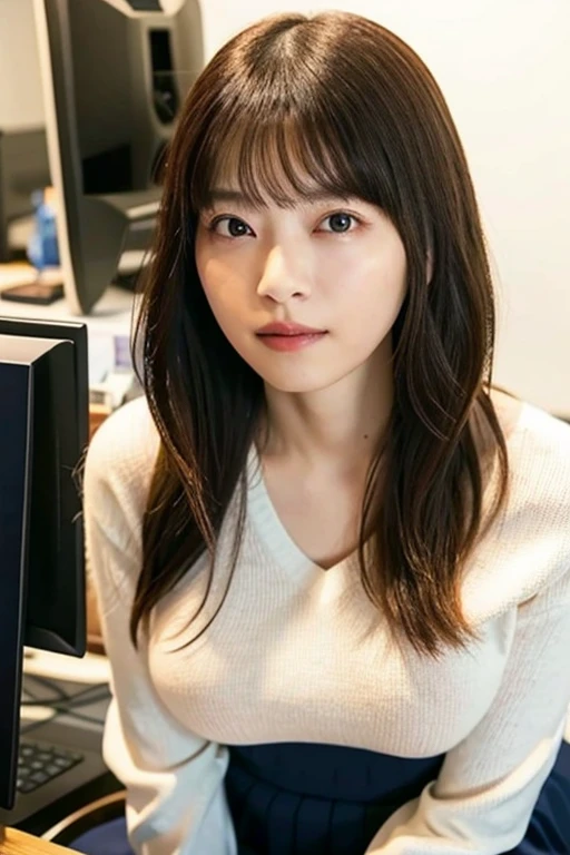 highest quality, 16k, girl, 48 years old, Raw photo, professional photography, portrait, late night office,dark lighting、 Weak contrast、professional lighting, alone, sitting in front of the computer、笑face, close,  face, close, cute, girly, goddess, 繊細なgirl, pure beauty, Digital single-lens reflex camera, avert your eyes, Frank, Sophisticated, film grain, (目とfaceの詳細:1.0), long hair swaying in the wind, bangs, (A tight white cashmere sweater that clings to her breasts、Ｖneck)、navy pleated skirt、smooth and beautiful thighs、beautiful feet、(big breasts:1.6)、cleavage、cute hanging eyes、