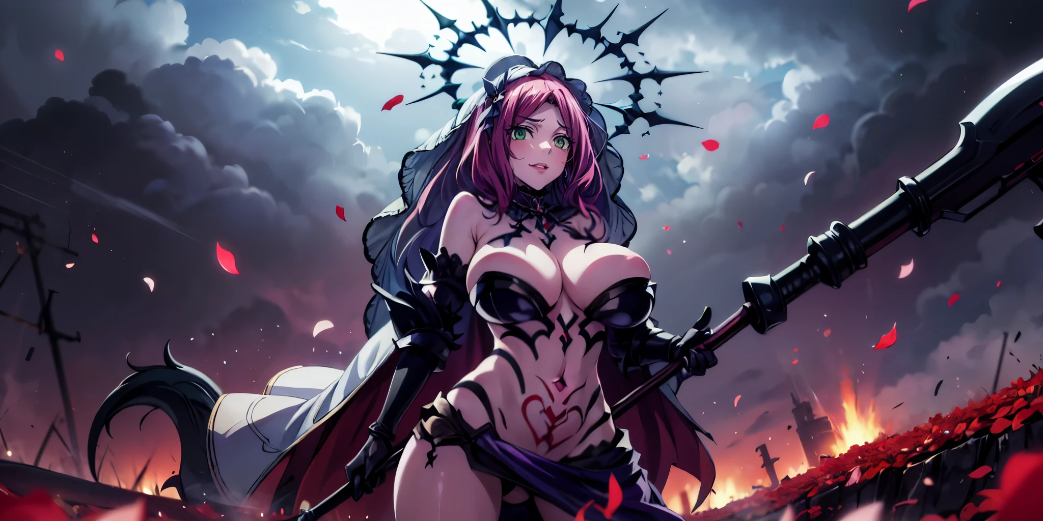 eft_shield_whor3, medium hair, red hair, green eyes,, curvy, anatomically correct, heavy breathing, huge breasts, tattoo, outfit-origami, halo, veil, navel, elbow gloves, scythe, falling petals, cloudy sky, electricity, standing, forehead, "Photorealistic, Hyperrealistic, Hyperdetailed, analog style, soft lighting, subsurface scattering, realistic, heavy shadow, masterpiece, best quality, ultra realistic, 8k, golden ratio, Intricate, High Detail, film photography, soft focus", (shaded face:1.2), hollow eyes, green eyes, looking at viewer, (heavy breathing:1.2), smirk, upper teeth, blush, lips, steaming face, nsfw, nsfw art,