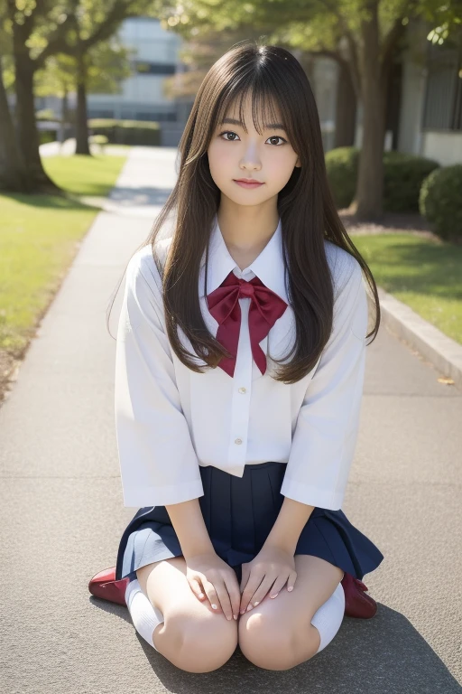 Completely naked、(masterpiece、High level image quality、high quality,8K),(japanese woman、18-year-old、high school girl)、(accurate anatomy,beautiful limbs)、, Put your hands in front of your feet, place both feet in the circle of the hands, pretty embarrassing, white panties:1.5, beautiful feet, Tight Skirt,Are standing ,school zone ,early summer , , , paved, Raw photo, , 最high quality, ultra high resolution, beautiful face details, real human skin, gentle expression, Front view, angle from below, long hair, realistic, realistic, cute, short, average, cutehigh school girl, (japanese uniform, Wearing Japanese school uniform), surreal high school girl, Full body Esbian,