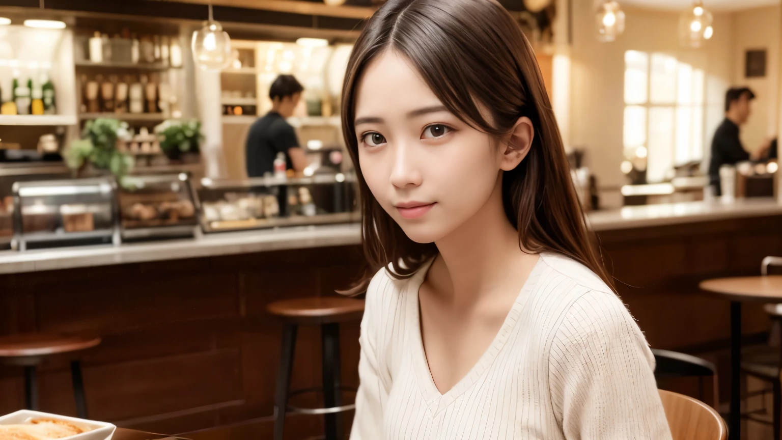 masterpiece, best quality, 8k, disorganized person, (Upper body:1.4), stylish cafe,tight knit, beautiful girl, pretty face, looking at the viewer, smile, super realistic, high resolution, picture, sharp focus, HDR, face light, dynamic lighting, movie lighting, professional shadow, beautiful cafe background, best details, very detailed, Super detailed, finely, real skin, delicate facial features, detailed face and eyes, sharp pupils、real students